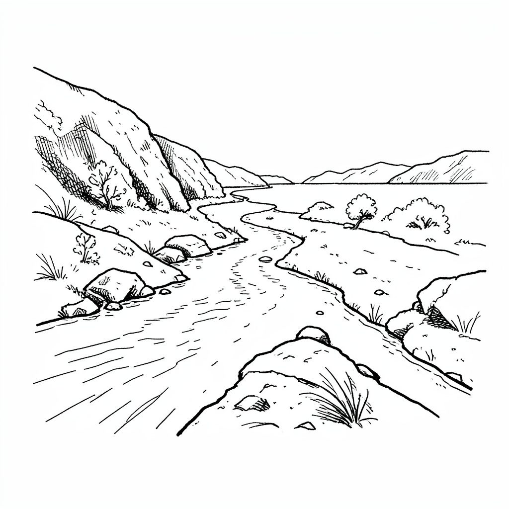 Ilustración a tinta de un grupo disfrutando de un charco natural rodeado de piedras, en trazos azul marino y rojo sobre fondo claro