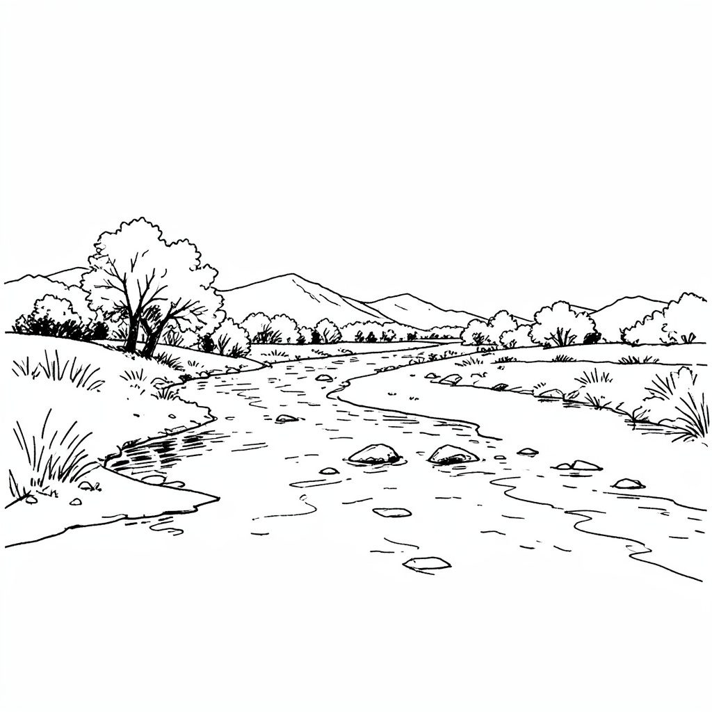 Ilustración a tinta de personas disfrutando de un río de aguas claras entre rocas, con trazos en azul marino y rojo sobre fondo blanco